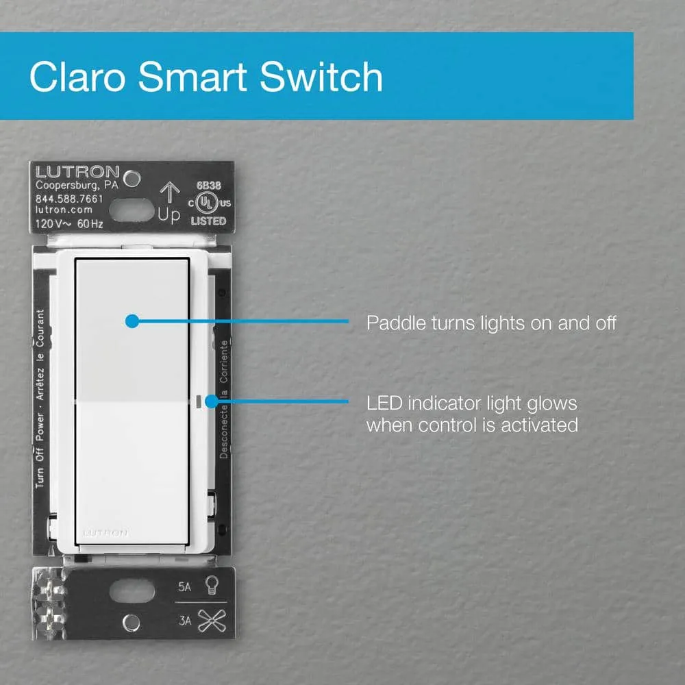 Lutron Claro Smart Switch for Caseta, On/Off Control of Lights/Fans, 5-Amp/Neutral Wire Required, White (DVRF-5NS-WH-R), photo 13 of 14