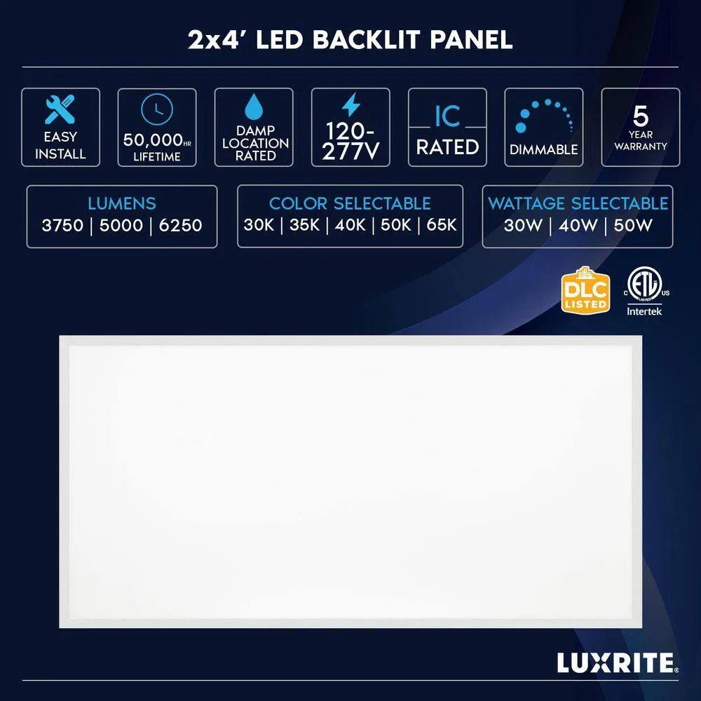 LUXRITE 2 x 4 ft. Integrated LED Flat Panel Light 5CCT 3000K - 6500K, 30 /40 /50W, 6250 Lumens, 0-10-Votls Dimmable ETL 4-Pack, photo 7 of 7