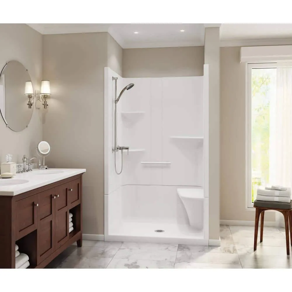 Camelia 48 in. x 34 in. x 79 in. Alcove Shower Stall with Center Drain Base and Right-Hand Seat in White, photo 2 of 2