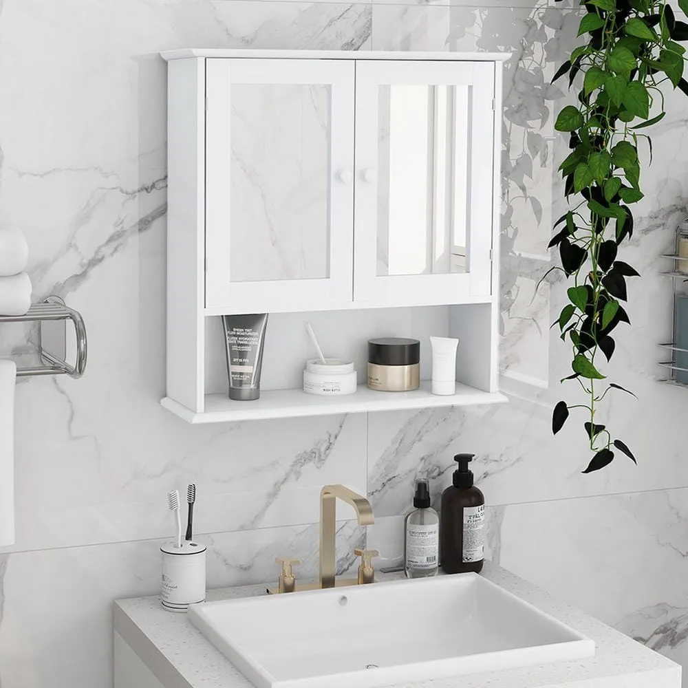 Unbranded 21.65 in. W x 22.83 in. H Rectangular White Surface Mount Bathroom Medicine Cabinet with Mirror and Open Shelf, photo 2 of 5