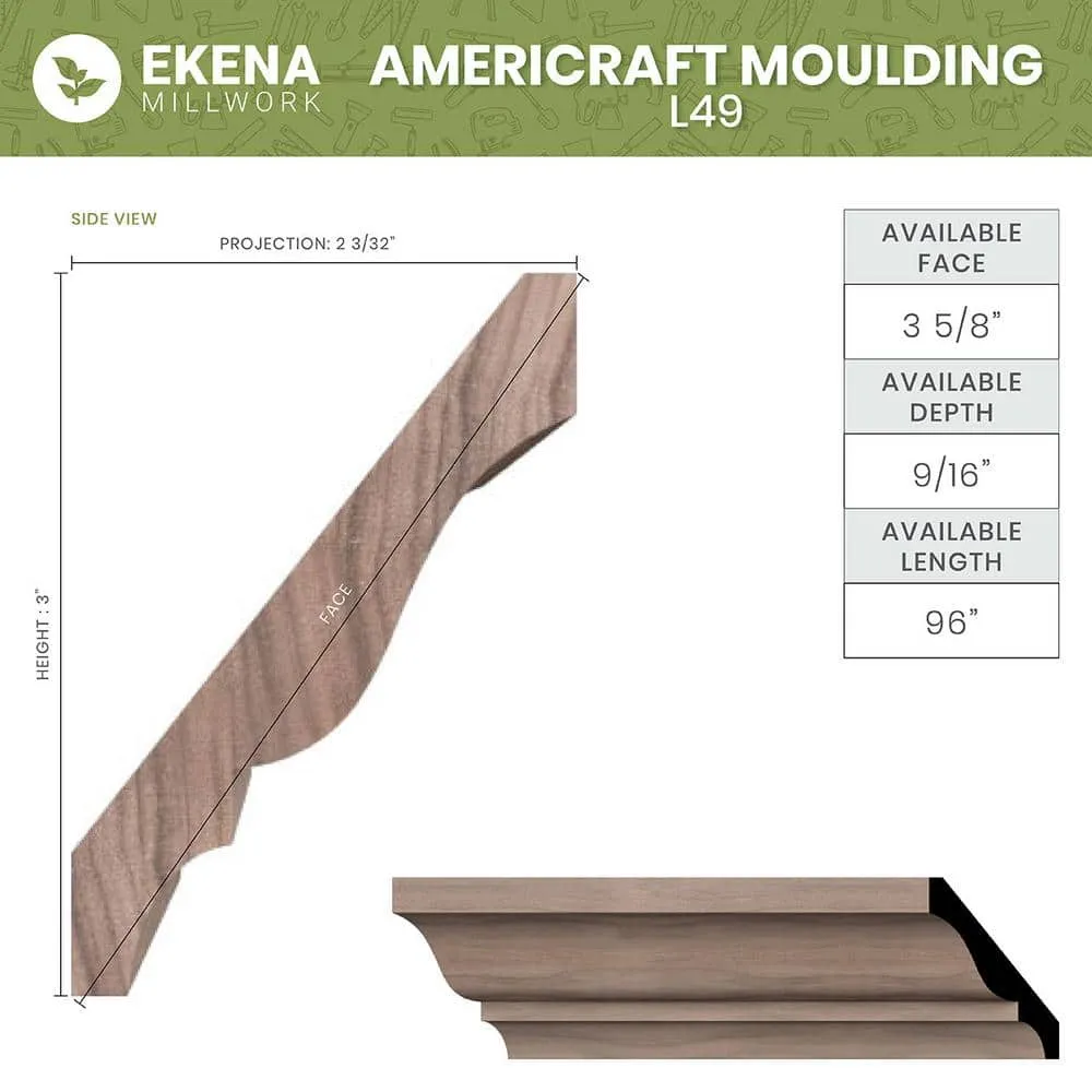 Ekena Millwork WM49 0.56 in. D x 3.63 in. W x 96 in. L Wood (White Oak) Crown Molding, photo 2 of 13
