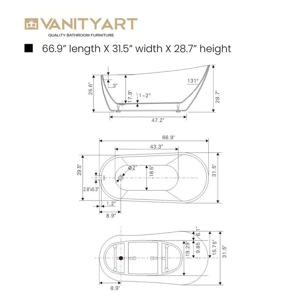 Vanity Art Colombes 67 in. Acrylic Flatbottom Freestanding Bathtub in White/Oil Rubbed Bronze, photo 5 of 8