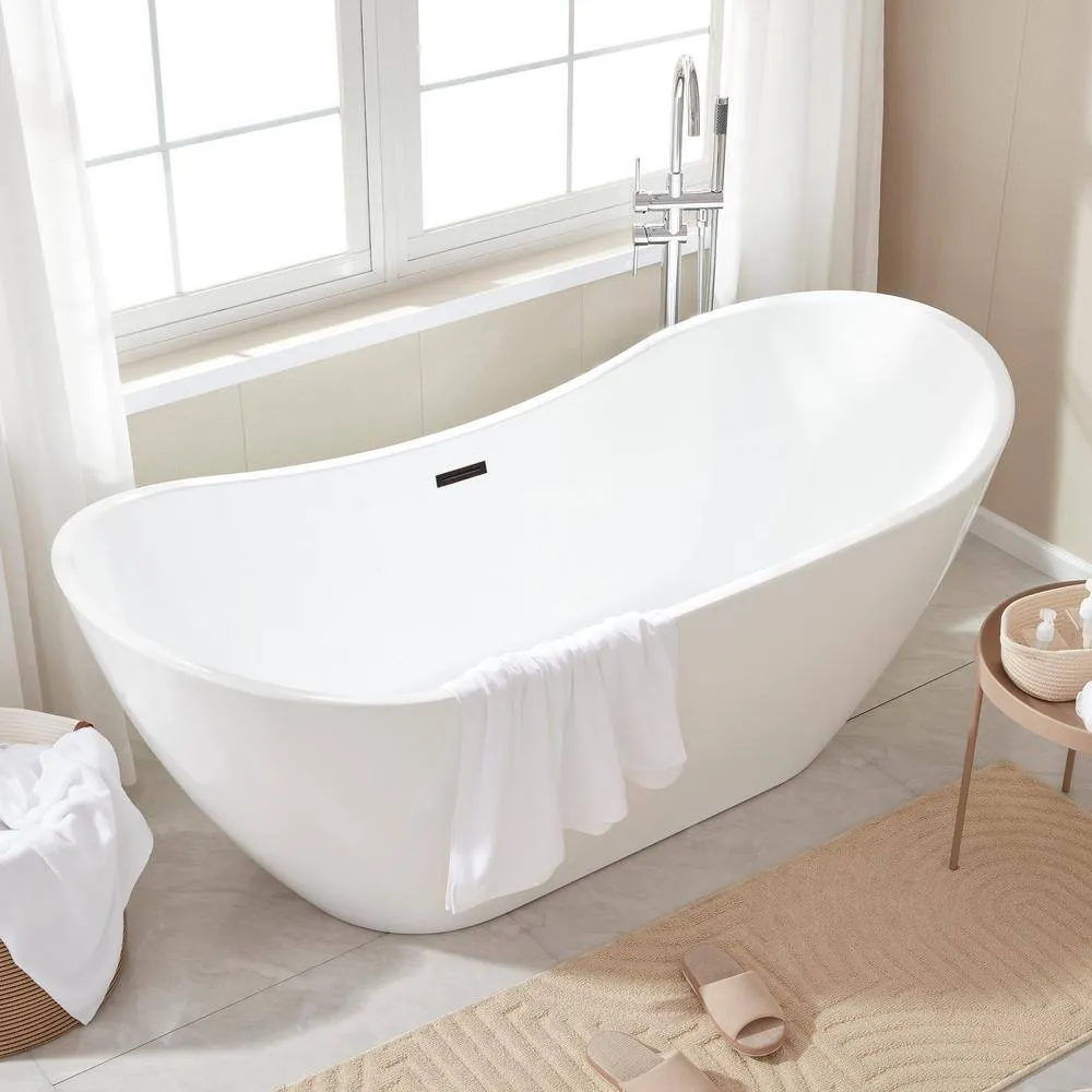 Vanity Art 71 in. Acrylic Flatbottom Freestanding Bathtub in White/Oil Rubbed Bronze, photo 7 of 14