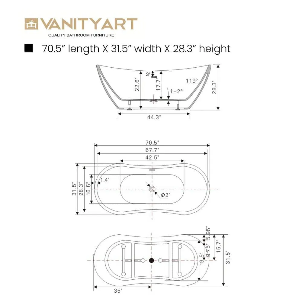 Vanity Art 71 in. Acrylic Flatbottom Freestanding Bathtub in White/Oil Rubbed Bronze, photo 12 of 14