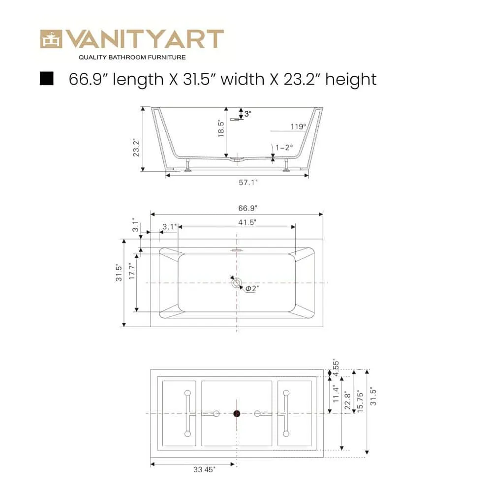 Vanity Art Tarbes 67 in. Acrylic Flatbottom Freestanding Bathtub in White/Oil Rubbed Bronze, photo 10 of 12