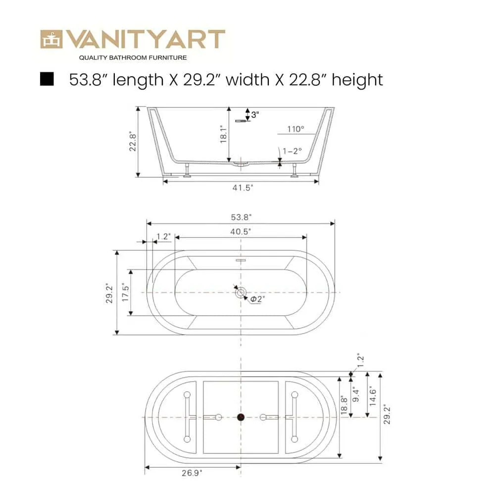 Vanity Art Domme 54 in. Acrylic Flatbottom Freestanding Non-Slip Bathtub in White/Oil Rubbed Bronze, photo 4 of 6