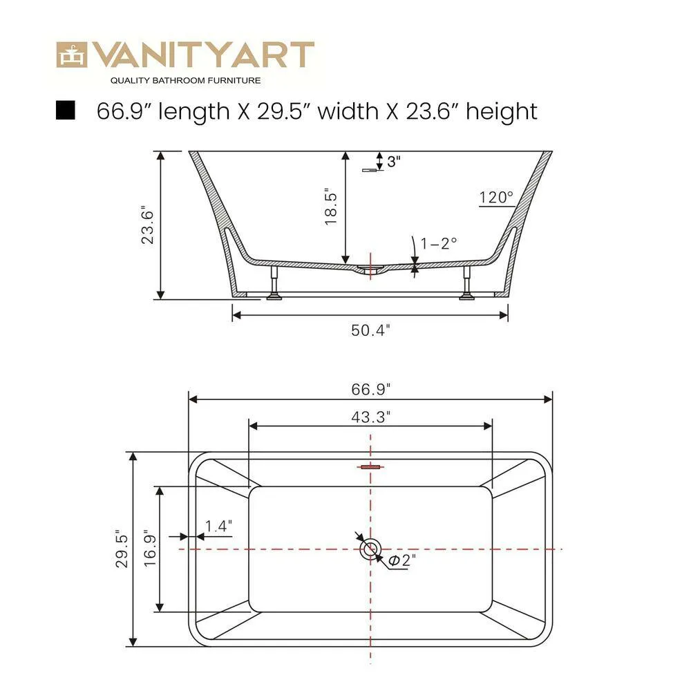 Vanity Art Nantes 67 in. x 30 in. Acrylic Freestanding Soaking Bathtub with Center Drain in White/Oil Rubbed Bronze, photo 10 of 12