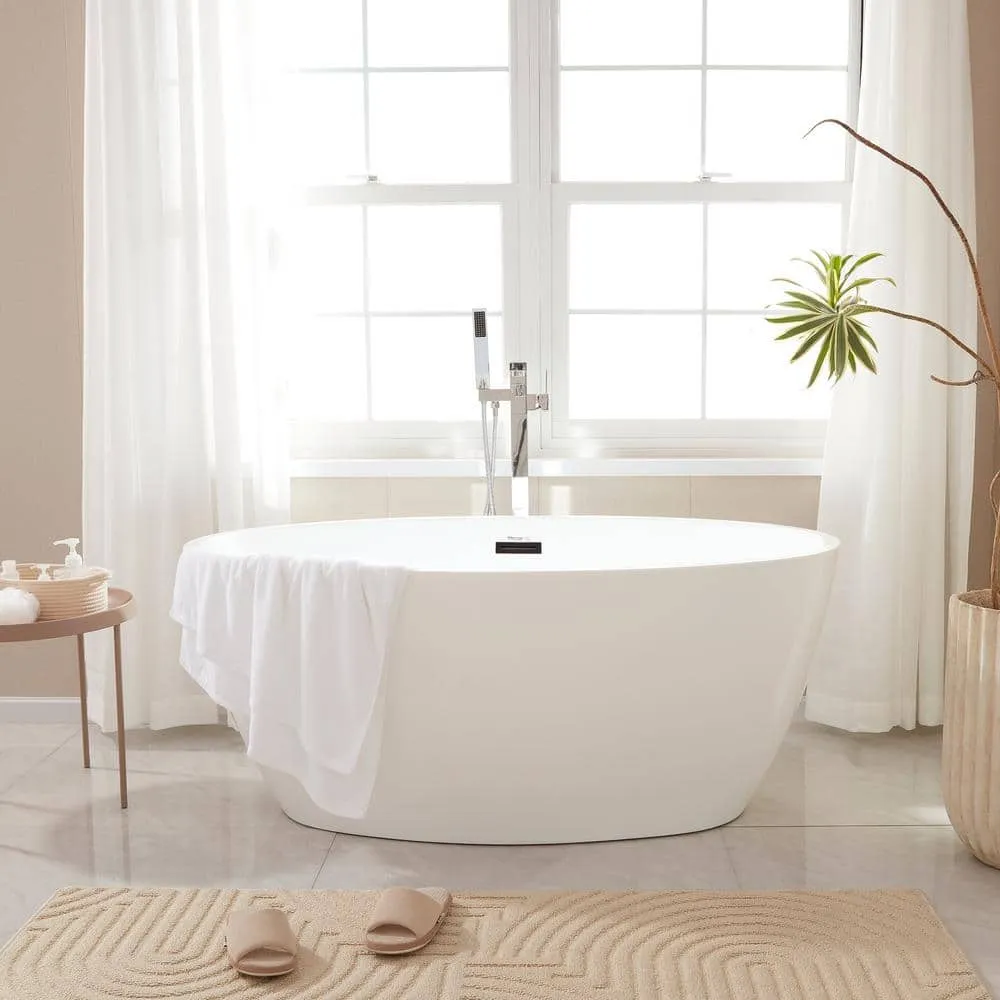 Vanity Art Calais 55 in. L x 32 in. W Acrylic Flatbottom Freestanding Bathtub with Center Drain in White/Oil Rubbed Bronze, photo 2 of 8