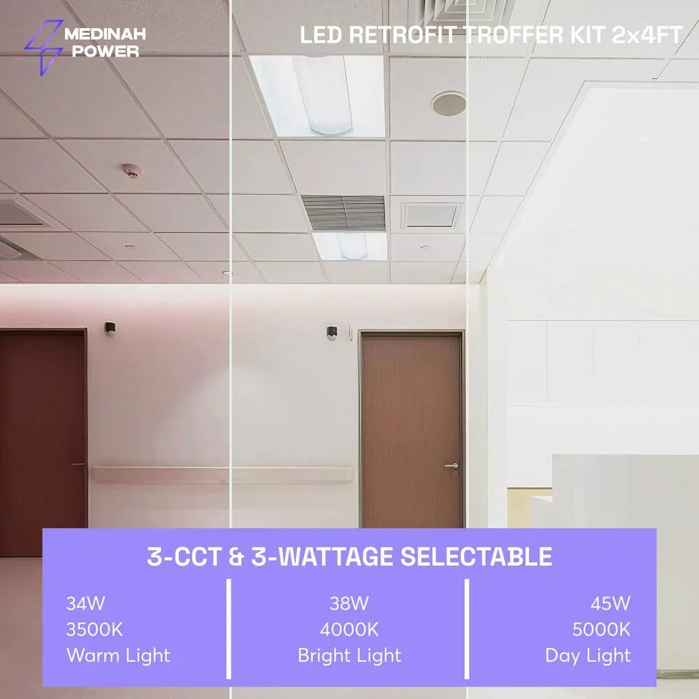 MEDINAH POWER 2 ft. x 4 ft. Integrated LED Watt/CCT Selectable White Troffer Retrofit Kit, 4250-5625 Lumens, 3500/4000/5000K (2-Pack), photo 10 of 12