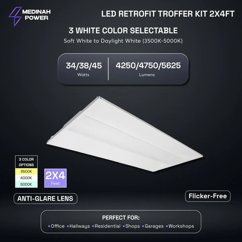 MEDINAH POWER 2 ft. x 4 ft. Integrated LED Watt/CCT Selectable White Troffer Retrofit Kit, 4250-5625 Lumens, 3500/4000/5000K (2-Pack), photo 3 of 12