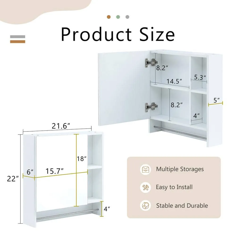 Polibi 21.6 in. W x 22 in. H White Rectangular Wall Mounted Medicine Cabinet with Mirror, Shelves and Towel Rack, photo 3 of 11