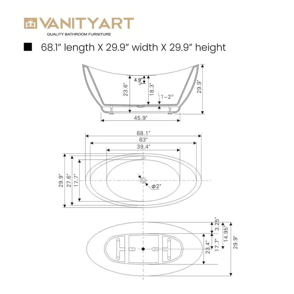 Vanity Art Blois 67 in. Acrylic Flatbottom Freestanding Bathtub in White, photo 9 of 13