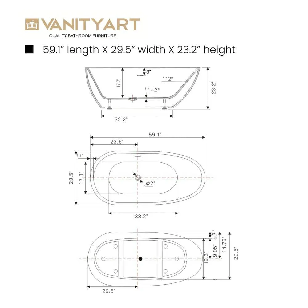 Vanity Art Bayonne 59 in. Acrylic Flatbottom Freestanding Bathtub in White, photo 9 of 9