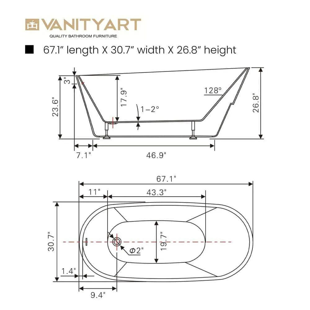 Vanity Art Nanterre 67 in. Acrylic Flatbottom Freestanding Bathtub in White, photo 5 of 10