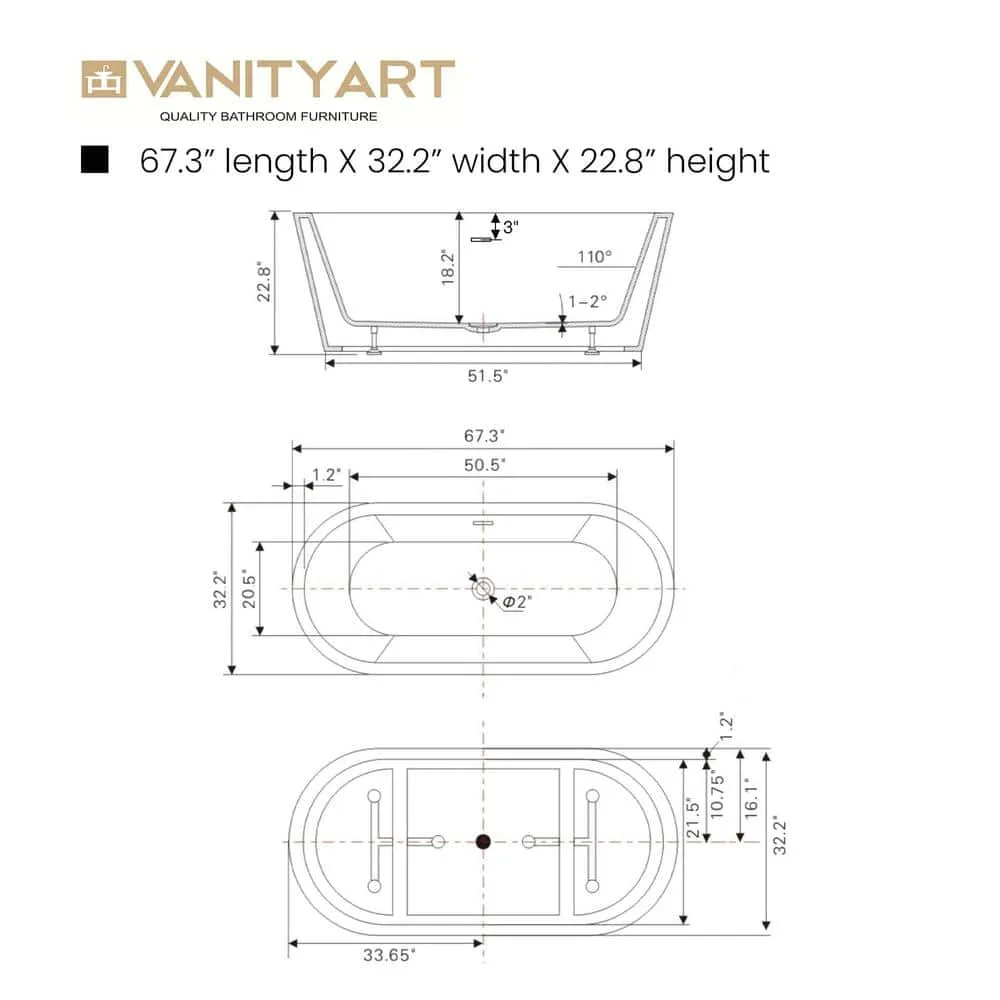 Vanity Art Domme 59 in. x 29.5 in. Soaking Bathtub with Center Drain in White/Polished Chrome, photo 5 of 10