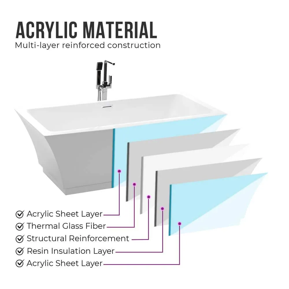 Vanity Art Strasbourg 59 in. Acrylic Flatbottom Freestanding Bathtub in White, photo 9 of 10