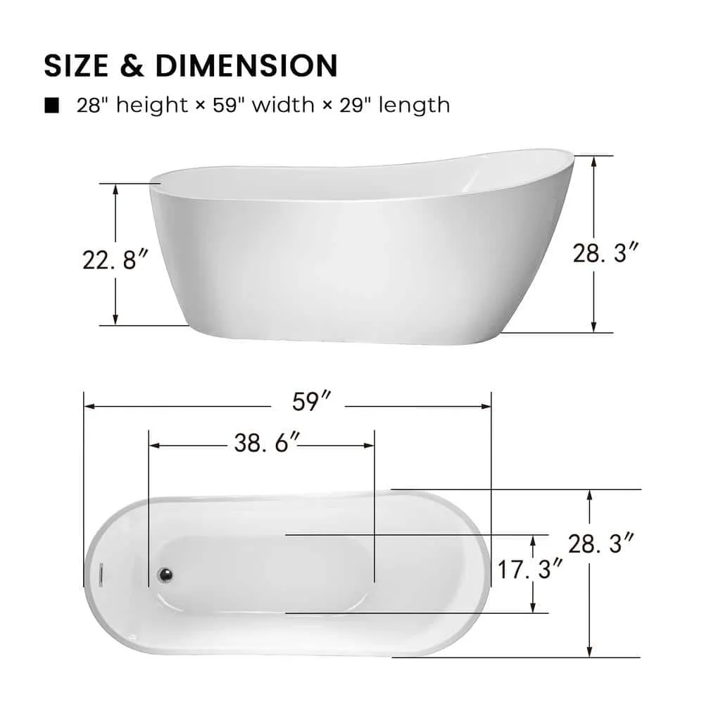 Vanity Art Clermont 59 in. Acrylic Freestanding Flatbottom Bathtub in White, photo 6 of 11