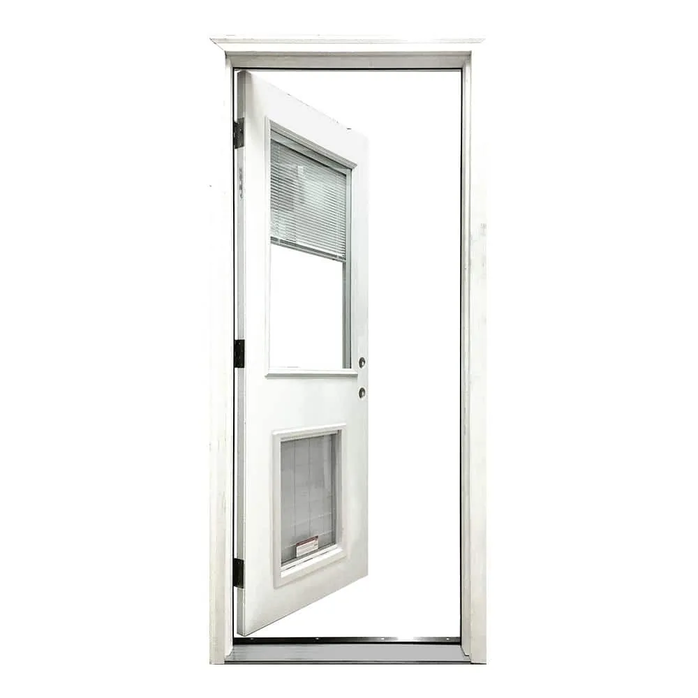 Steves & Sons 32 in. x 80 in. Reliant Series Clear Mini-Blind LHIS White Primed Fiberglass Prehung Front Door with XL Pet Door, photo 3 of 5