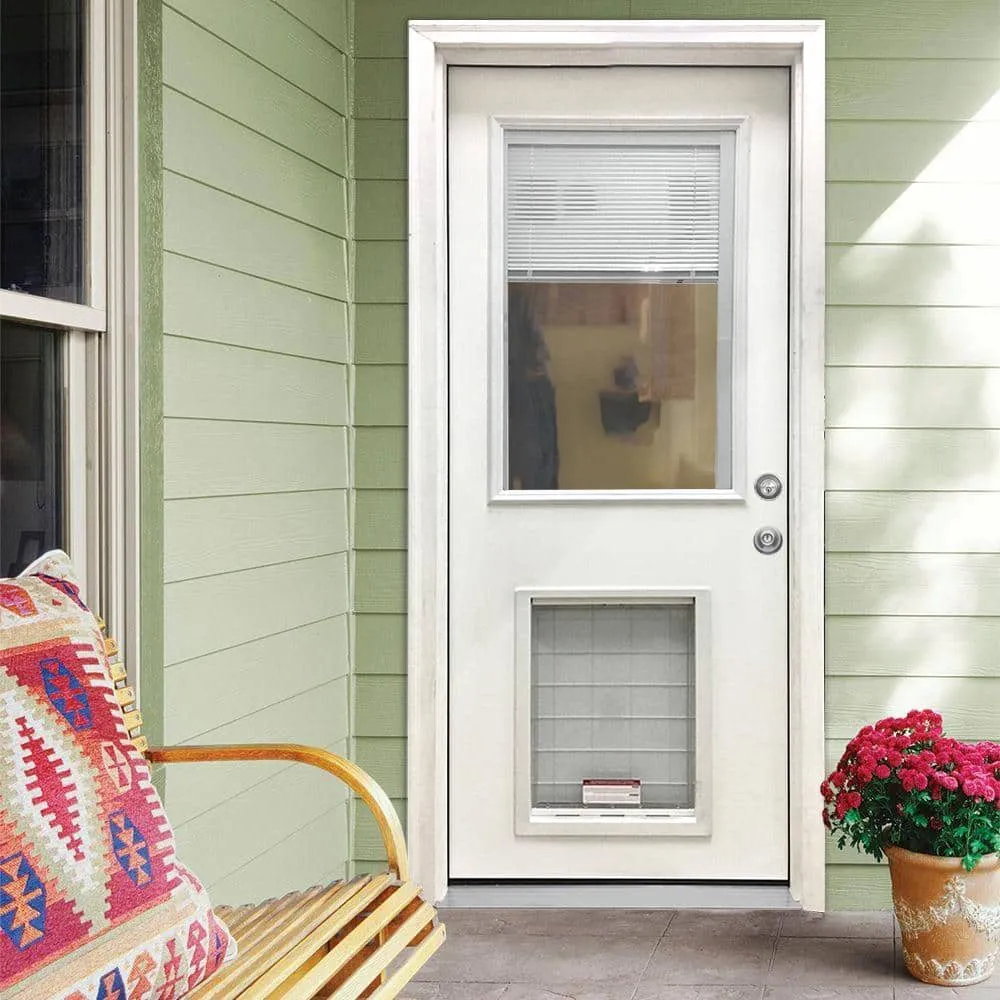 Steves & Sons 32 in. x 80 in. Reliant Series Clear Mini-Blind LHIS White Primed Fiberglass Prehung Front Door with XL Pet Door, photo 2 of 5