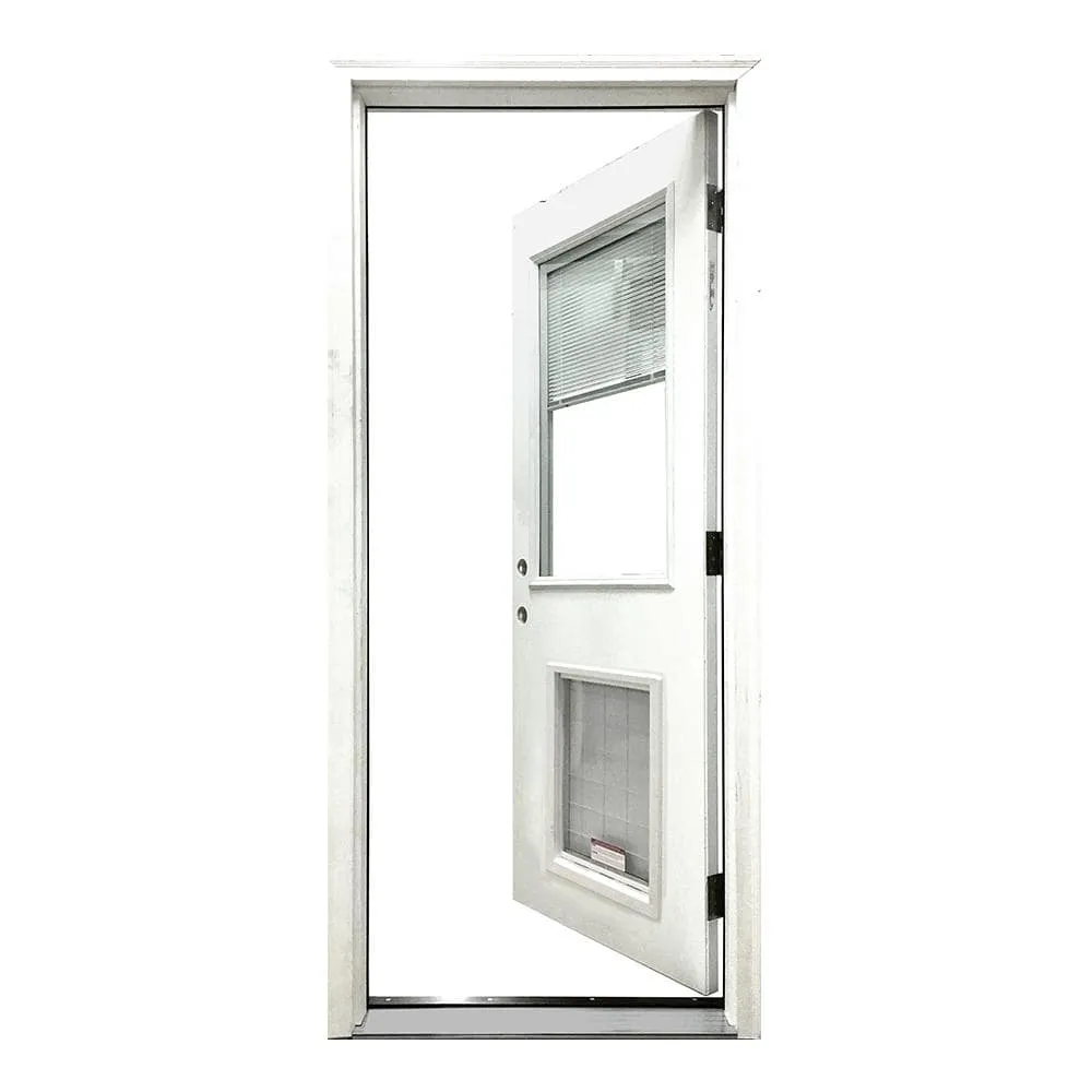 Steves & Sons 32 in. x 80 in. Reliant Series Clear Mini-Blind LHIS White Primed Fiberglass Prehung Front Door with Large Pet Door, photo 3 of 5