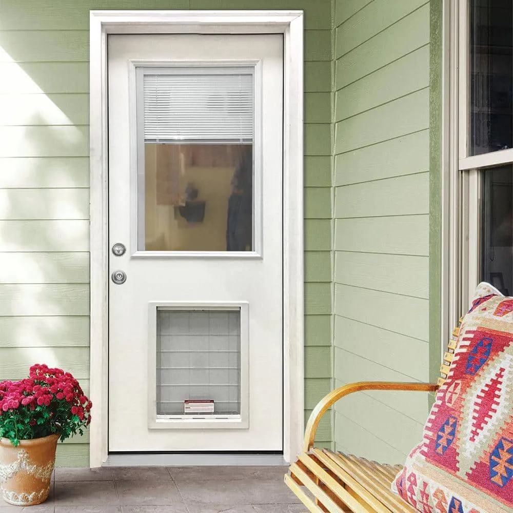 Steves & Sons 32 in. x 80 in. Reliant Series Clear Mini-Blind LHIS White Primed Fiberglass Prehung Front Door with Large Pet Door, photo 2 of 5