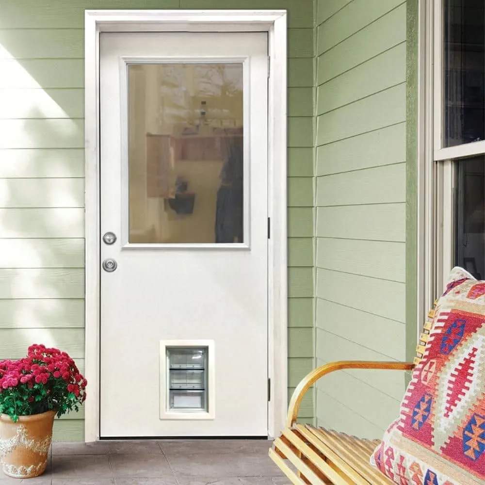 Steves & Sons 32 in. x 80 in. Reliant Series Clear Mini-Blind LHOS White Primed Fiberglass Prehung Back Door with Extra Large Pet Door, photo 2 of 5