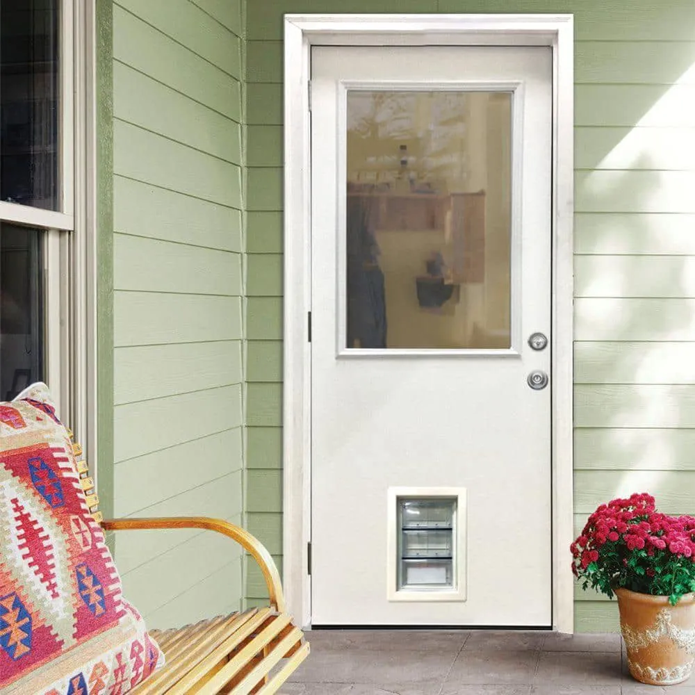 Steves & Sons 32 in. x 80 in. Reliant Series Clear Mini-Blind RHOS White Primed Fiberglass Prehung Front Door with XL Pet Door, photo 2 of 5