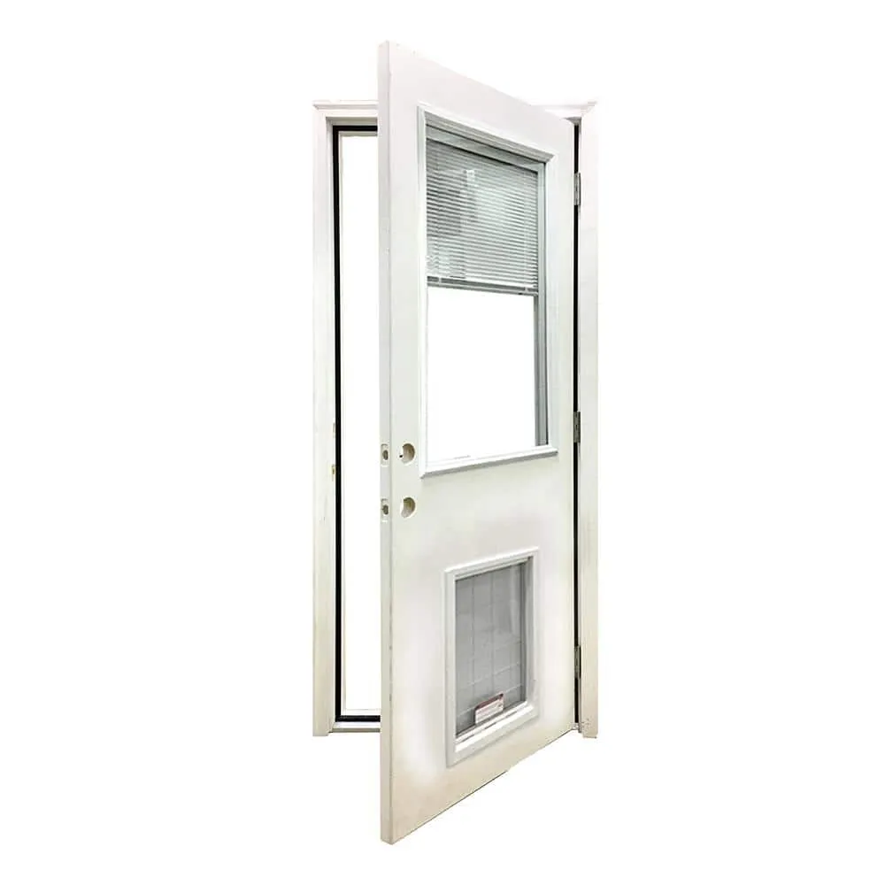 Steves & Sons 36 in. x 80 in. Reliant Series Clear Mini-Blind LHOS White Primed Fiberglass Prehung Back Door with Extra Large Pet Door, photo 3 of 5