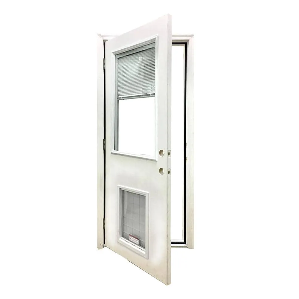Steves & Sons 36 in. x 80 in. Reliant Series Clear Mini-Blind RHOS White Primed Fiberglass Prehung Front Door with Extra Large Pet Door, photo 3 of 5
