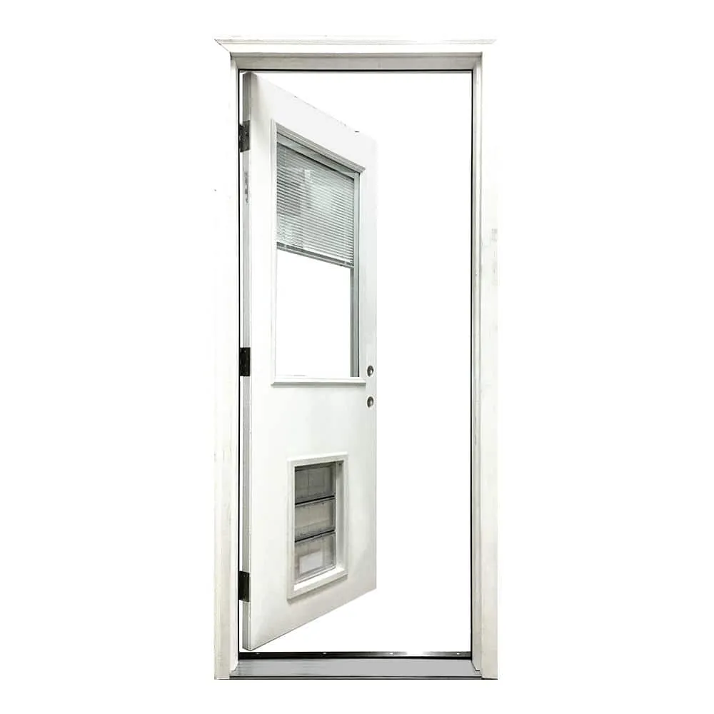 Steves & Sons 36 in. x 80 in. Reliant Series Clear Mini-Blind LHIS White Primed Fiberglass Prehung Front Door with XL Pet Door, photo 3 of 5