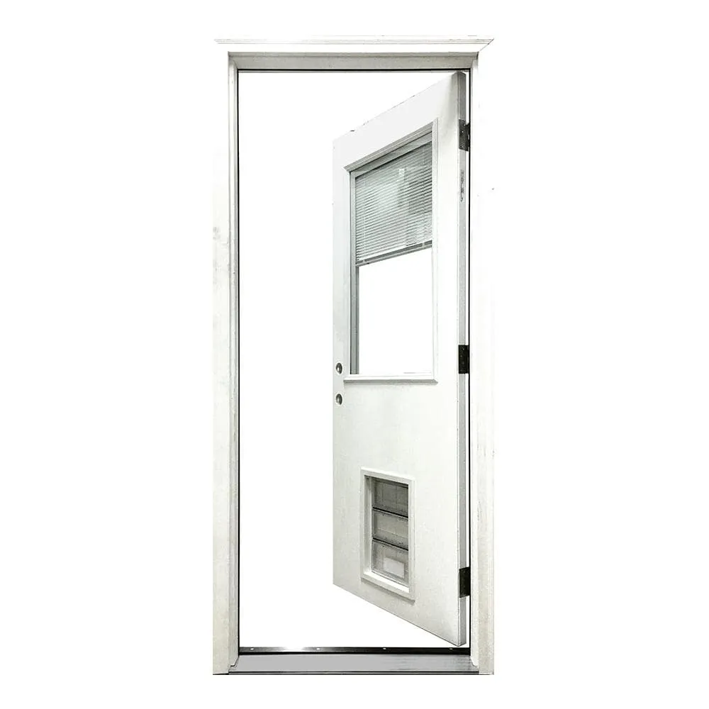 Steves & Sons 36 in. x 80 in. Reliant Series Clear Mini-Blind RHIS White Primed Fiberglass Prehung Front Door with Extra Large Pet Door, photo 3 of 5
