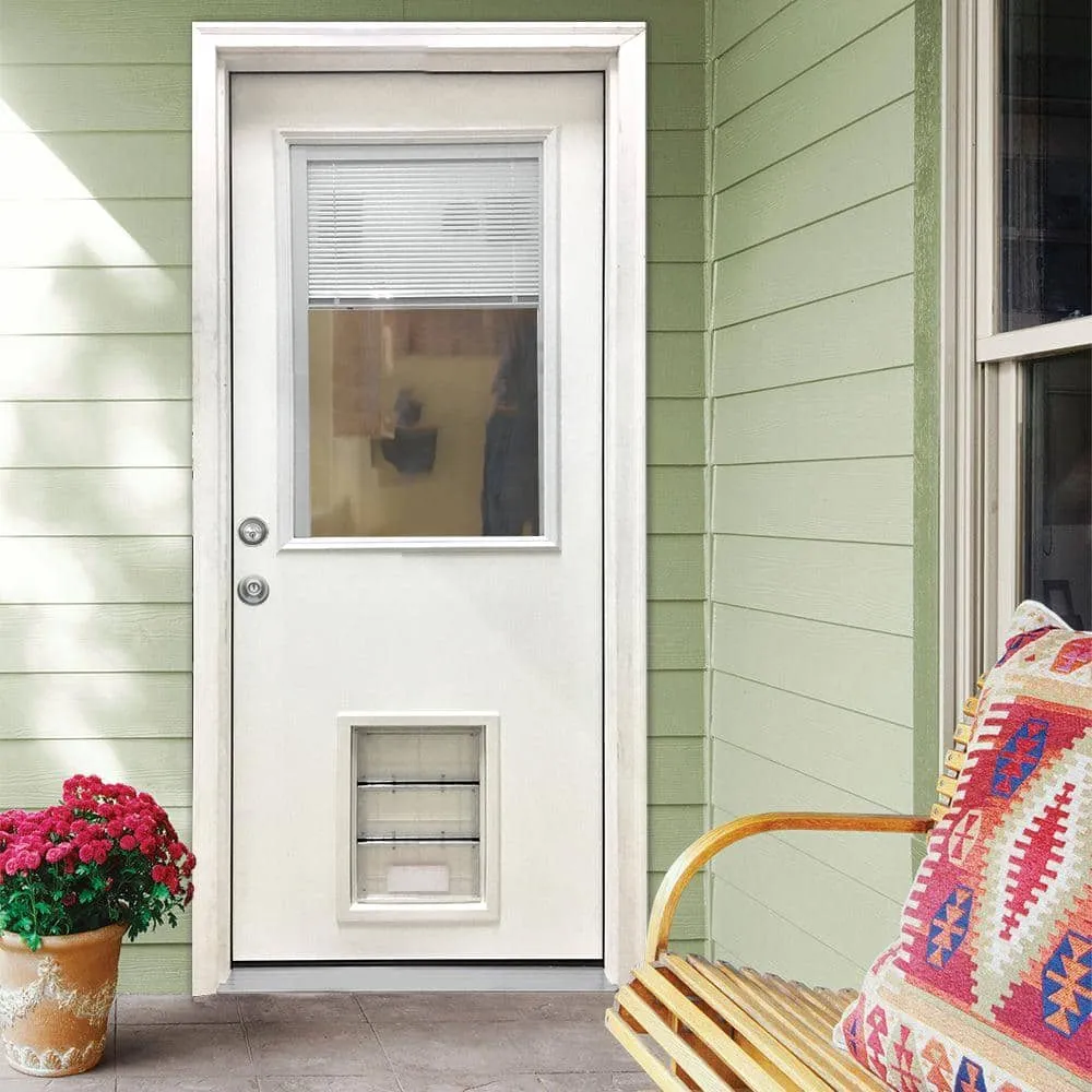 Steves & Sons 36 in. x 80 in. Reliant Series Clear Mini-Blind RHIS White Primed Fiberglass Prehung Front Door with Extra Large Pet Door, photo 2 of 5