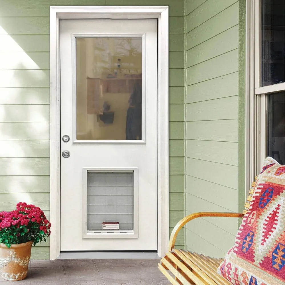 Steves & Sons 36 in. x 80 in. Reliant Series Clear Half Lite RHIS White Primed Fiberglass Prehung Back Door with XL Pet Door, photo 2 of 5