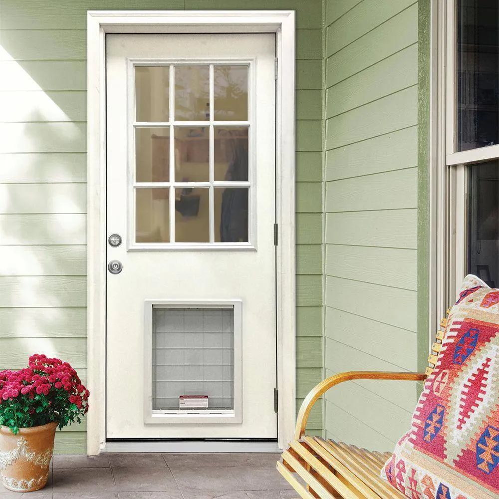 Steves & Sons 32 in. x 80 in. Reliant Series Clear 9 Lite LHOS White Primed Fiberglass Prehung Back Door with Extra Large Pet Door, photo 2 of 5