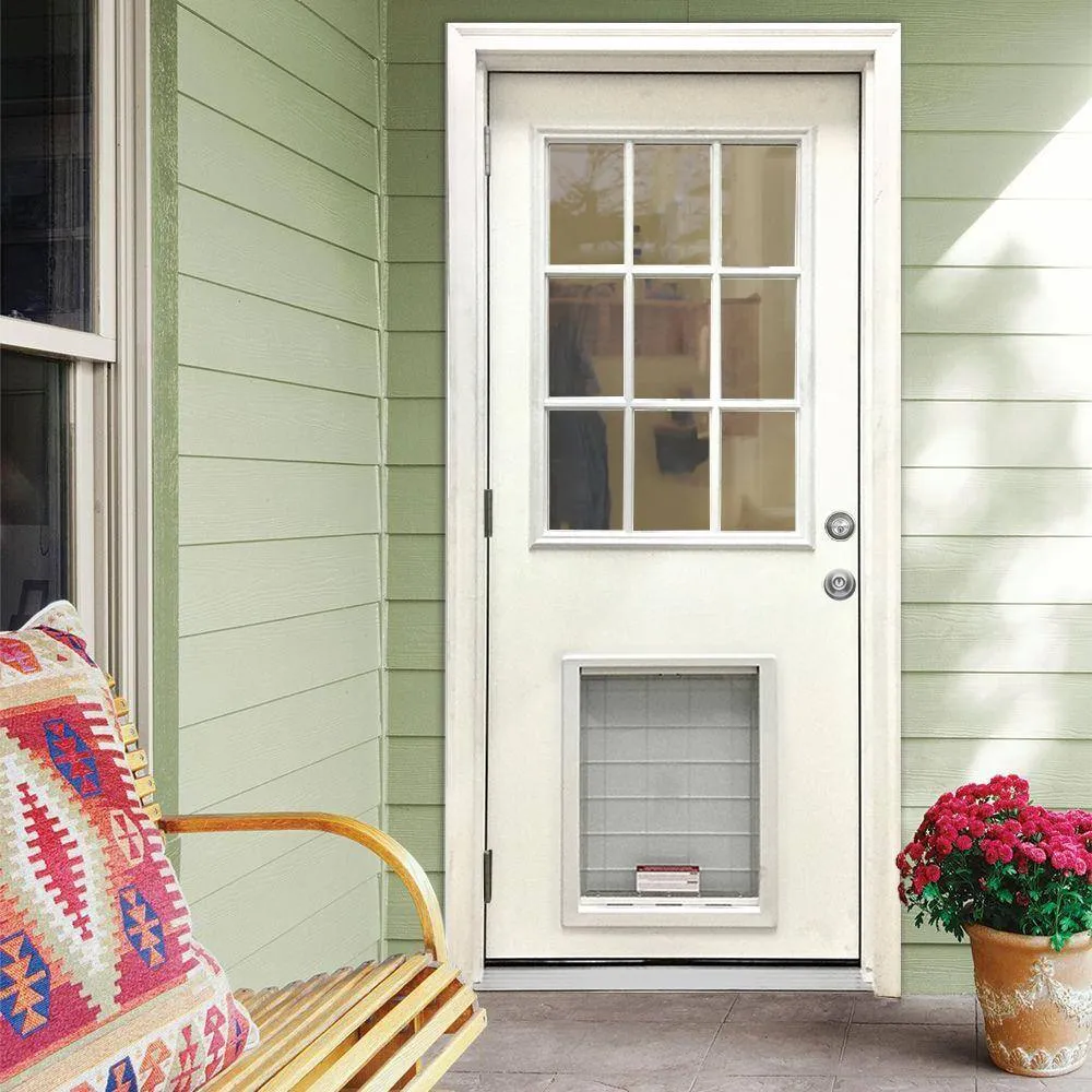Steves & Sons 32 in. x 80 in. Reliant Series Clear 9 Lite RHOS White Primed Fiberglass Prehung Front Door with Extra Large Pet Door, photo 2 of 5