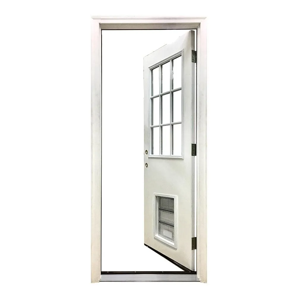 Steves & Sons 32 in. x 80 in. Steves & Sons Reliant Series Clear 9-Lite RH Inswing White Primed Fiberglass Prehung Front Door with Large Pet Door, photo 3 of 5