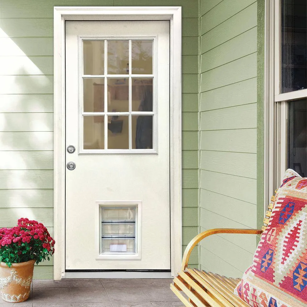 Steves & Sons 32 in. x 80 in. Steves & Sons Reliant Series Clear 9-Lite RH Inswing White Primed Fiberglass Prehung Front Door with Large Pet Door, photo 2 of 5