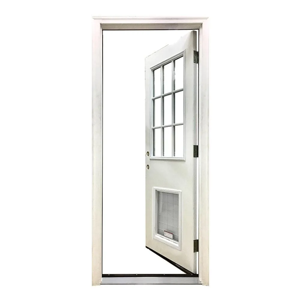 Steves & Sons 36 in. x 80 in. Reliant Series White Primed RHIS 9-Lite Clear Fiberglass Prehung Front Door with Extra Large Pet Door, photo 3 of 5