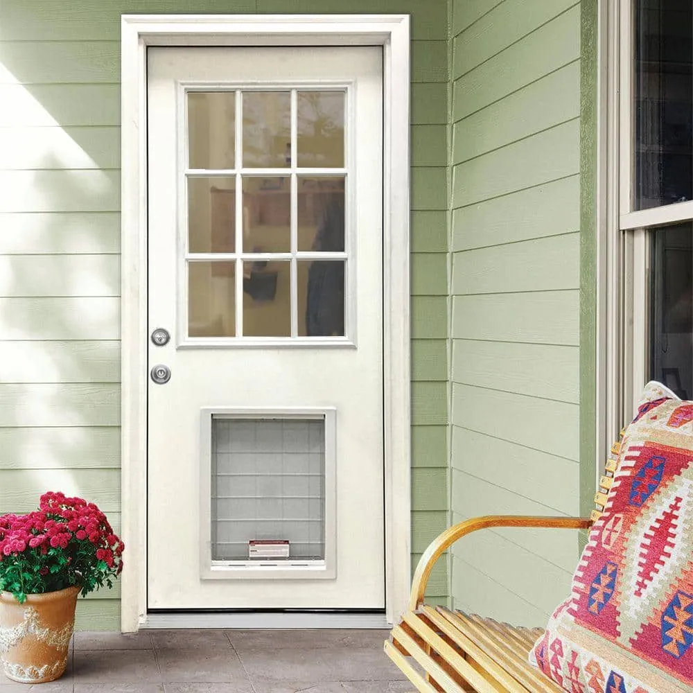 Steves & Sons 36 in. x 80 in. Reliant Series White Primed RHIS 9-Lite Clear Fiberglass Prehung Front Door with Extra Large Pet Door, photo 2 of 5