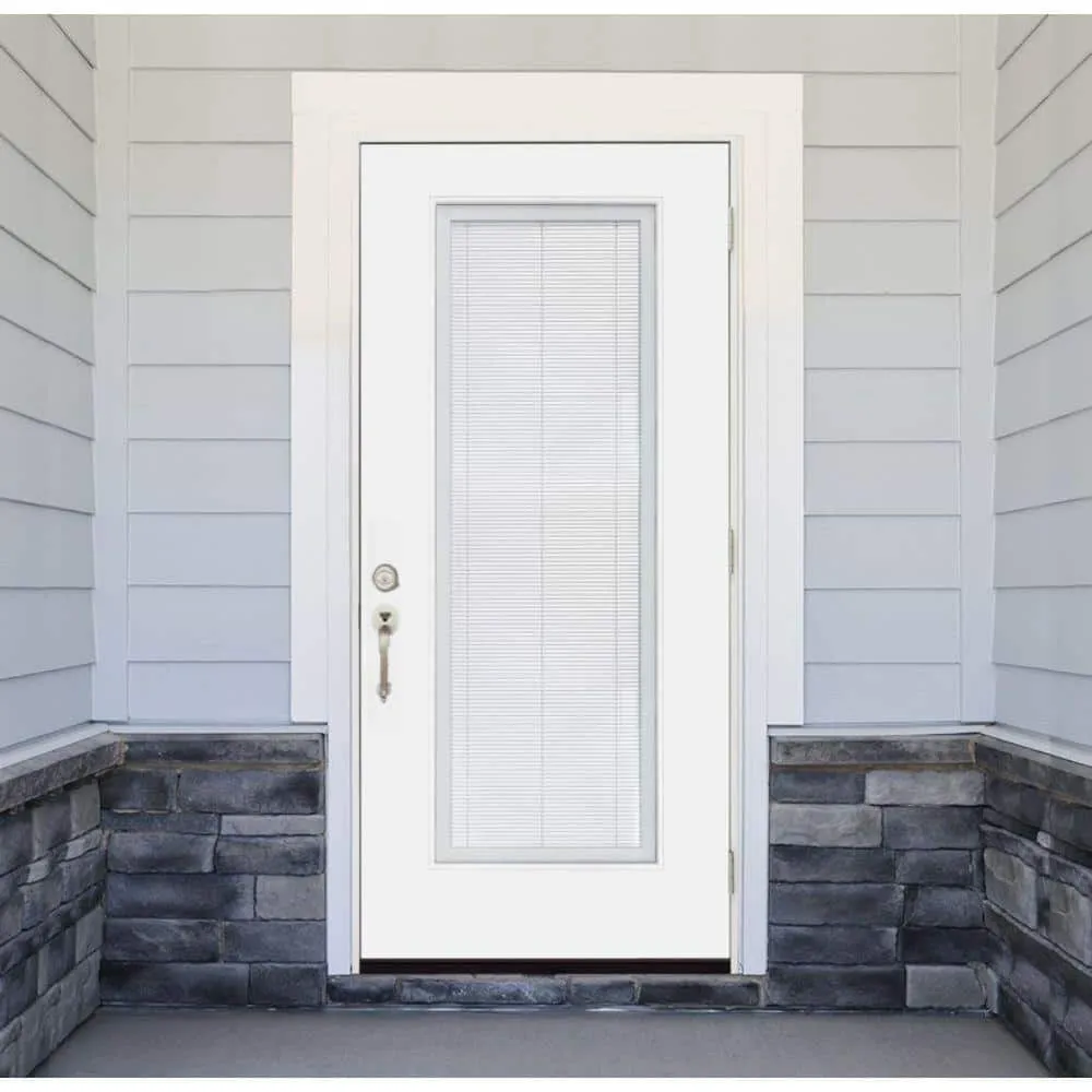 Steves & Sons Legacy 32 in. x 80 in. Left-Hand/Outswing Full Lite Clear Glass Mini-Blind White Primed Fiberglass Prehung Front Door, photo 2 of 6