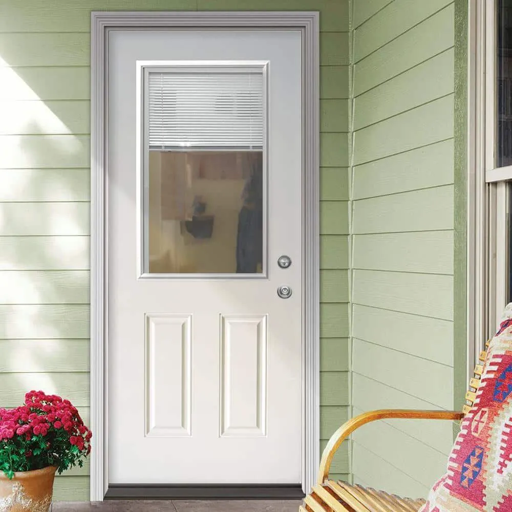 Steves & Sons 31-3/4 in. x 79 in. Reliant Series Mini-Blind White Primed Clear Glass Half Lite Fiberglass Back Door Slab, photo 2 of 3