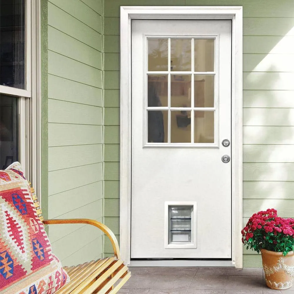 Steves & Sons 31-3/4 in. x 79 in. Reliant Series Clear 9-Lite White Primed Fiberglass Front Door Slab with Medium Pet Door, photo 2 of 4