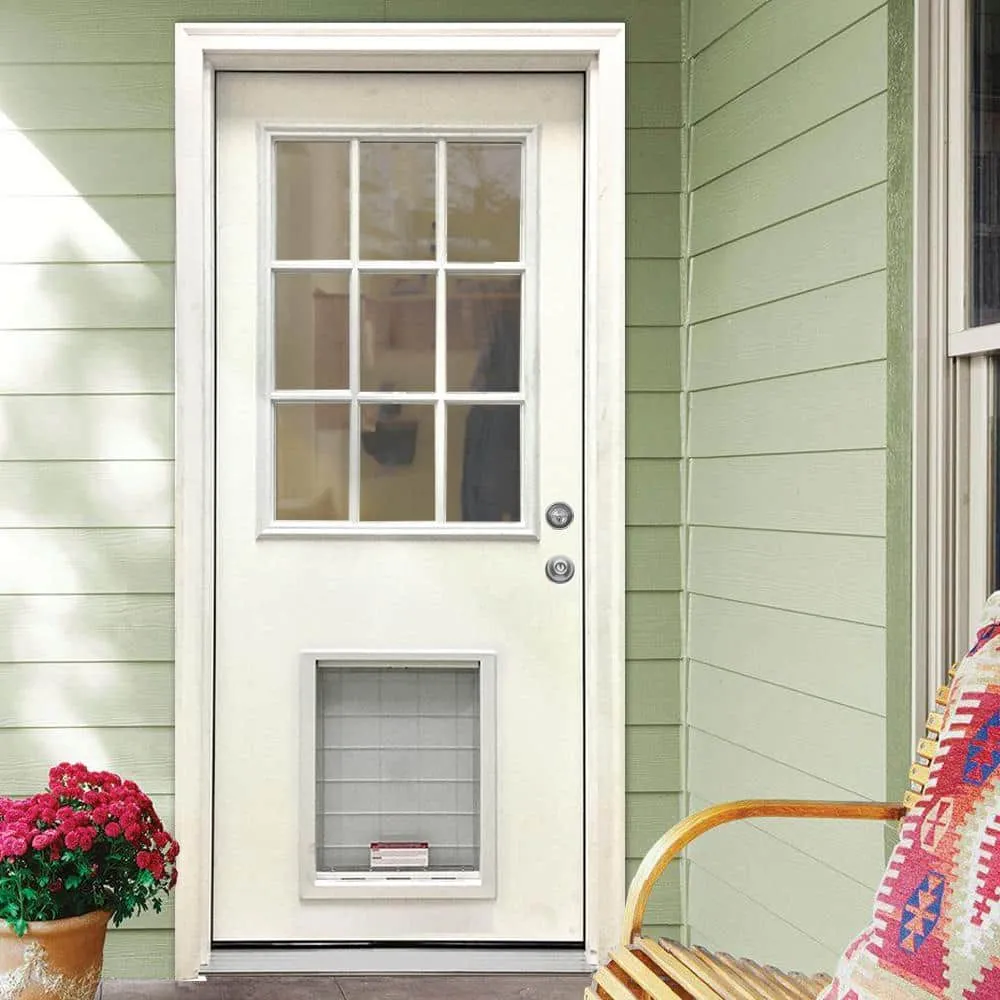 Steves & Sons 31-3/4 in. x 79 in. Reliant Series Clear 9-Lite White Primed Fiberglass Front Door Slab with Extra Large Pet Door, photo 2 of 4