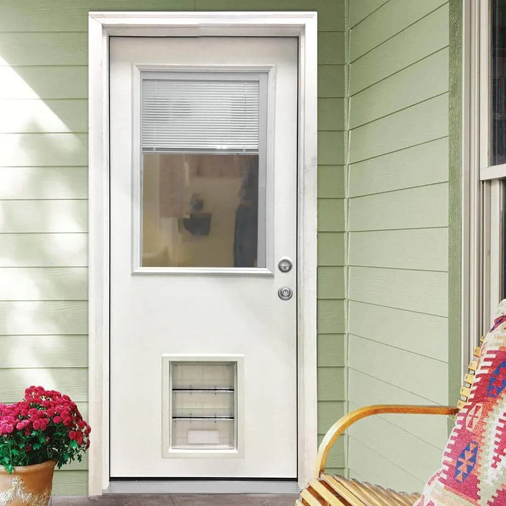 Steves & Sons 31-3/4 in. x 79 in. Reliant Clear Half Lite Mini-Blind White Primed Fiberglass Front Door Slab with Large Pet Door, photo 2 of 4