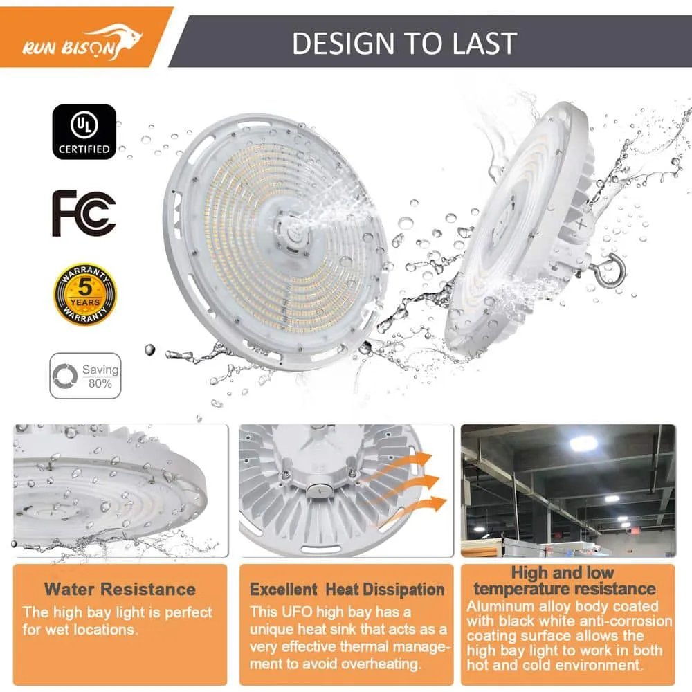 RUN BISON 8-Pack 10.6 in. White 450-Watt Equivalent Integrated LED UFO High Bay Light Fixture, 5000K 21750Lumens, 0-10V Dimmable, photo 5 of 7