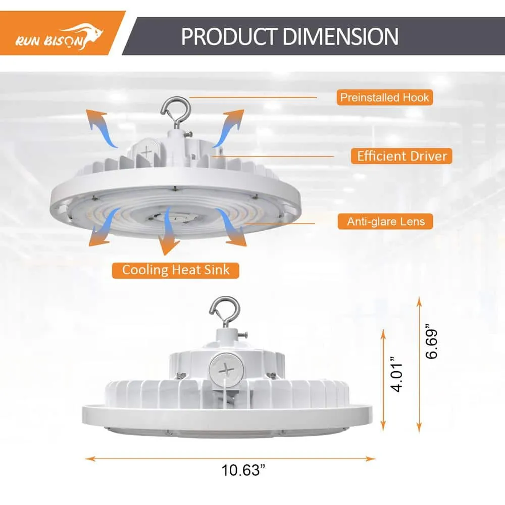 RUN BISON 8-Pack 10.6 in. White 450-Watt Equivalent Integrated LED UFO High Bay Light Fixture, 5000K 21750Lumens, 0-10V Dimmable, photo 3 of 7