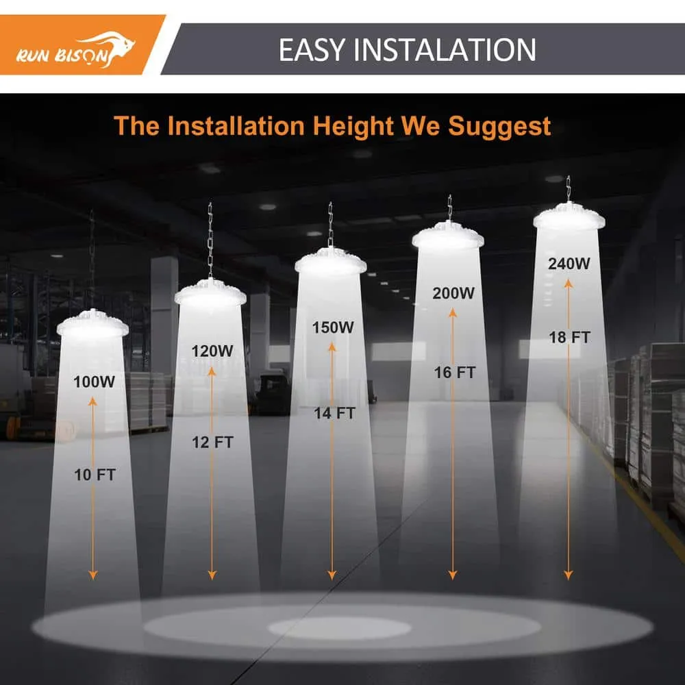 RUN BISON 8-Pack 10.6 in. White 450-Watt Equivalent Integrated LED UFO High Bay Light Fixture, 5000K 21750Lumens, 0-10V Dimmable, photo 7 of 7