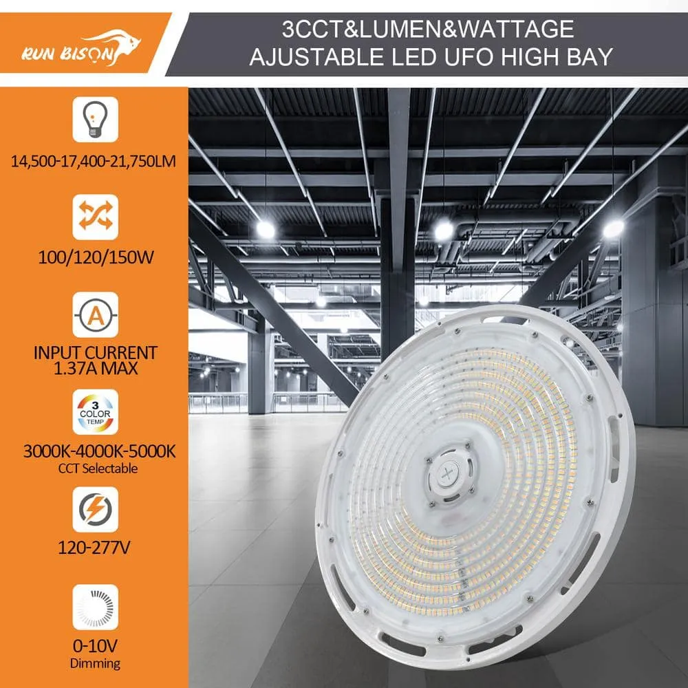 RUN BISON 8-Pack 10.6 in. White 450-Watt Equivalent Integrated LED UFO High Bay Light Fixture, 5000K 21750Lumens, 0-10V Dimmable, photo 2 of 7