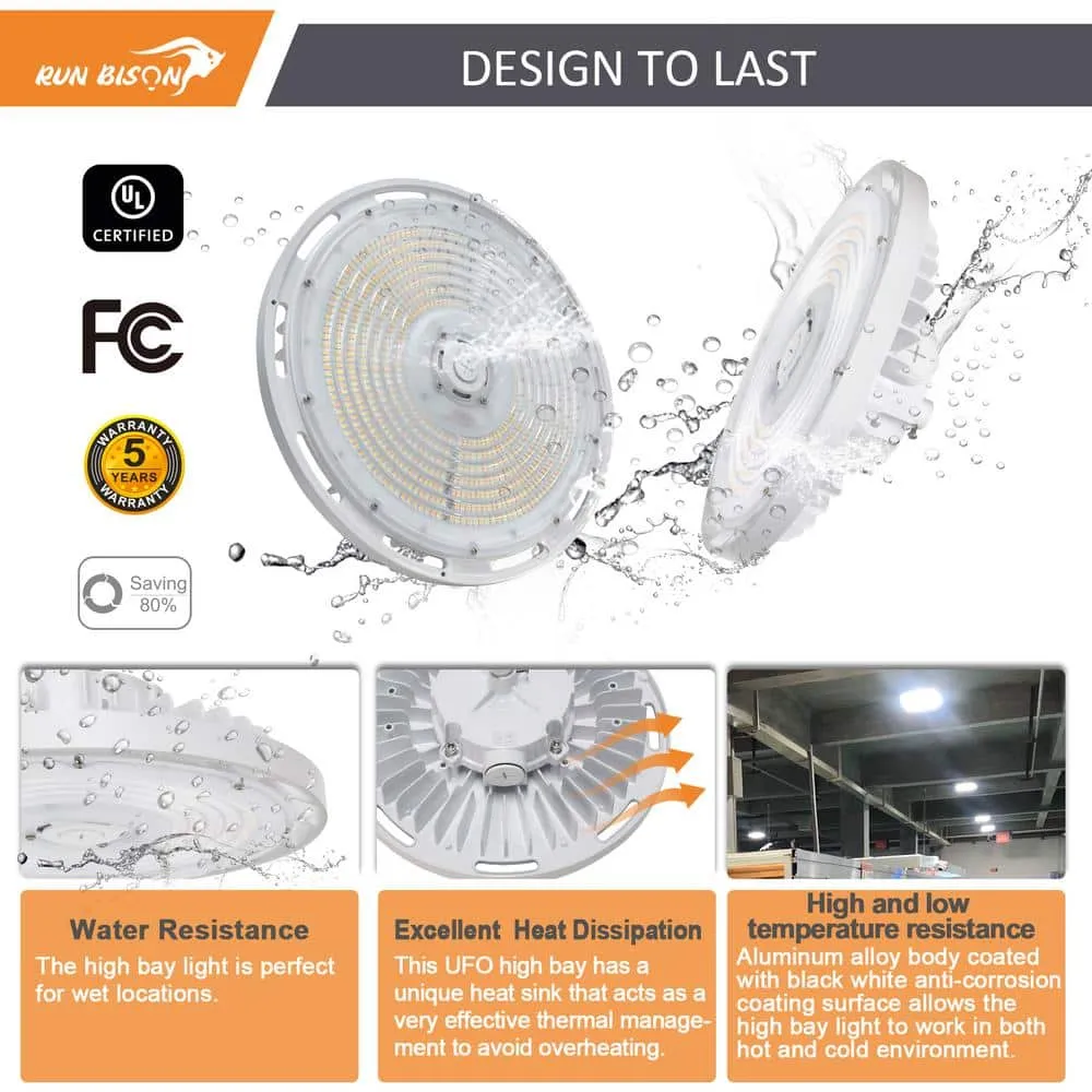 RUN BISON 13 in. 240W White Integrated LED UFO High Bay Light Garage Light, Up To 34800LM, 3000/4000/5000K, 0-Volt to 10-Volt, photo 4 of 6