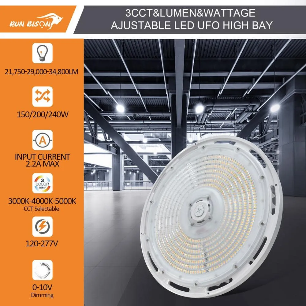 RUN BISON 13 in. 240W White Integrated LED UFO High Bay Light Garage Light, Up To 34800LM, 3000/4000/5000K, 0-Volt to 10-Volt, photo 2 of 6